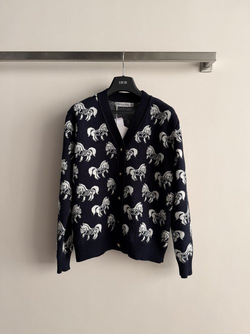 Dior Red Knit Cardigan with Horse Pattern, Stylish & Comfortable