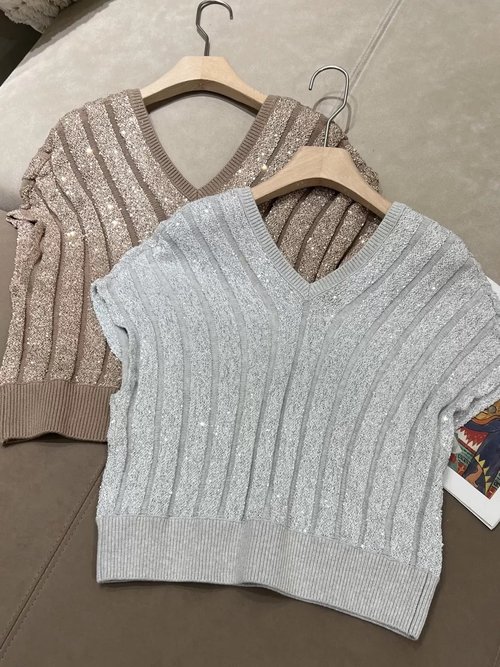 Brunello Cucinelli V-neck Sequined Hollow-out Knitwear in Two Colors