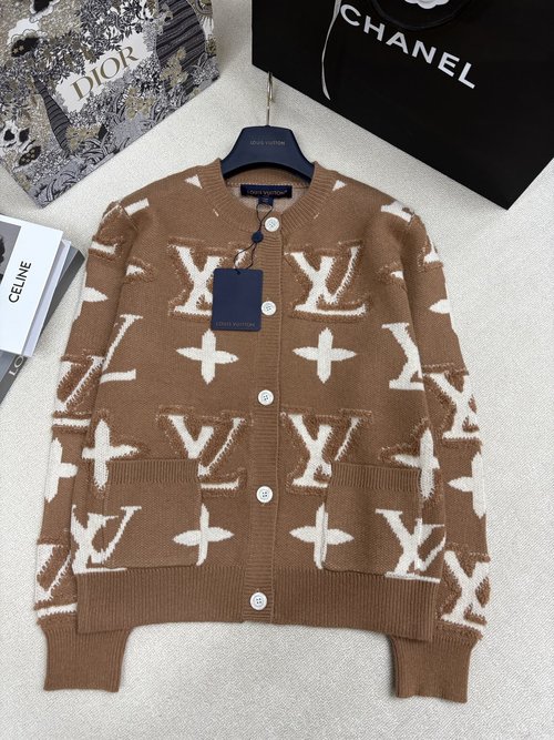 Louis Vuitton Knit Round-Neck Cardigan with Logo Pattern and Button Decoration