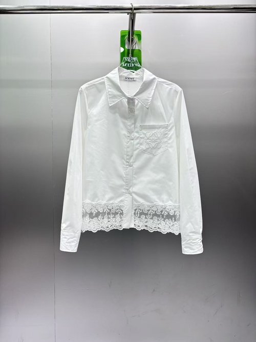 Loewe Embroidered Short Shirt with Delicate Lace Hem, Timeless Style