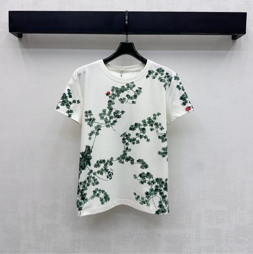 Dior Cotton Short-Sleeve T-Shirt with Four-Leaf Clover Print