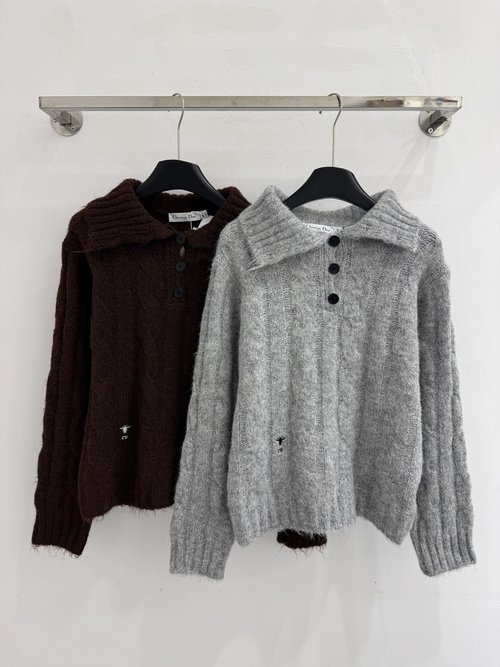 Dior Brown or Gray Twisted Knit Half-Open Turtleneck Sweater