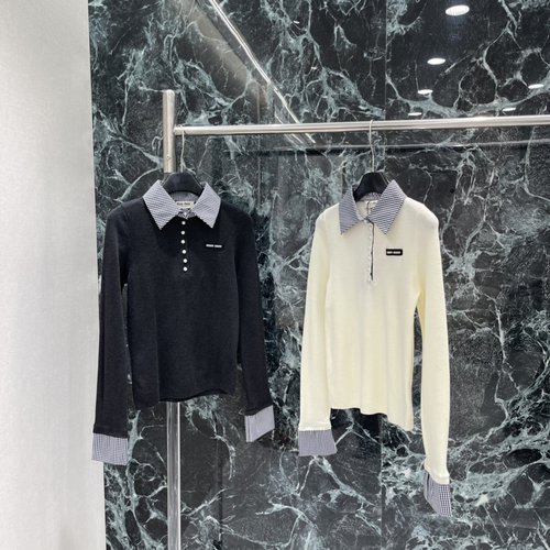 Miu Miu Stylish Spliced Knit Polo Shirt with Checked Trim