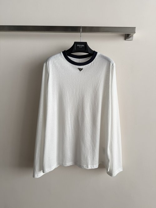 Prada Round Neck Long Sleeve T-Shirt with Triangle Logo