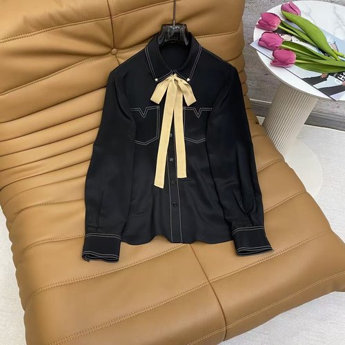 Valentino Black Silk Shirt with Contrast Bow Tie