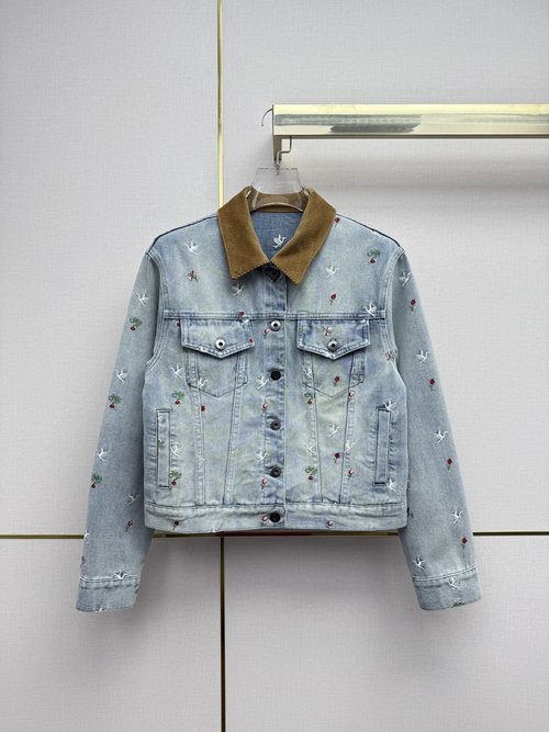 Dior Velvet Collar Denim Jacket with Seagull Embroideries