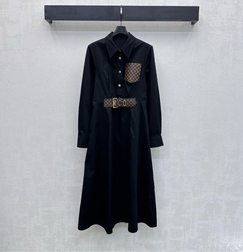 Louis Vuitton Patchwork Collared Dress with Leather Belt for Sophistication