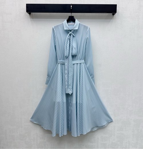 Dior Stripe Belted Dress with Bow Collar in Elegant Style