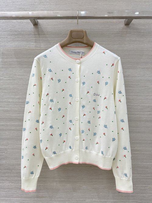 Dior Garden - Embroidered Knit Cardigan with Pink Trim
