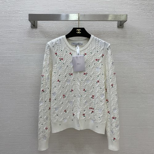 Dior Knit Open Cardigan with Embroidered Bird & Flower