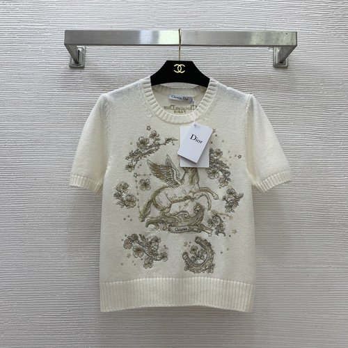 Dior High-End Customized Gold-Thread Embroidery Pegasus Knit Top