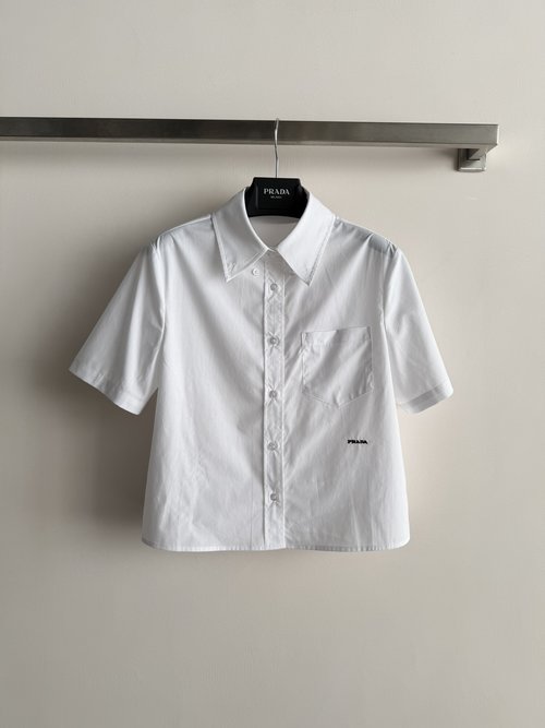 Prada Lightweight Brand - Embroidered Cotton Collared Short - Sleeve Shirt