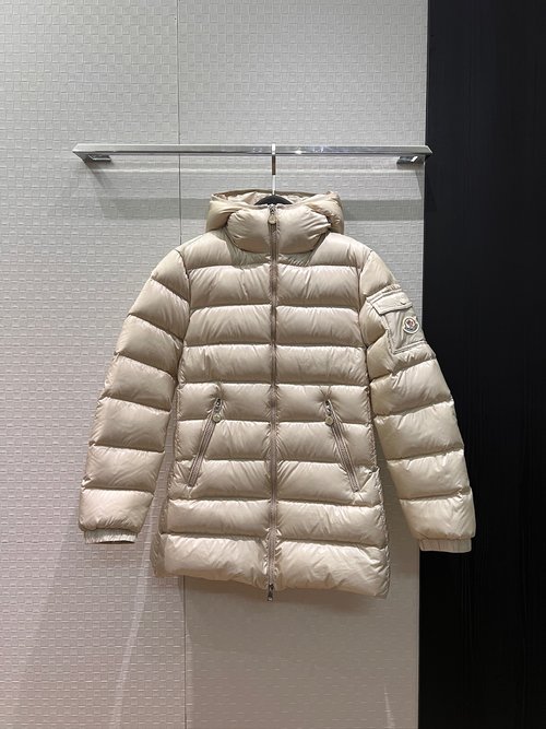 Moncler Hooded Mid-length Down Jacket with Logo in Two Colors