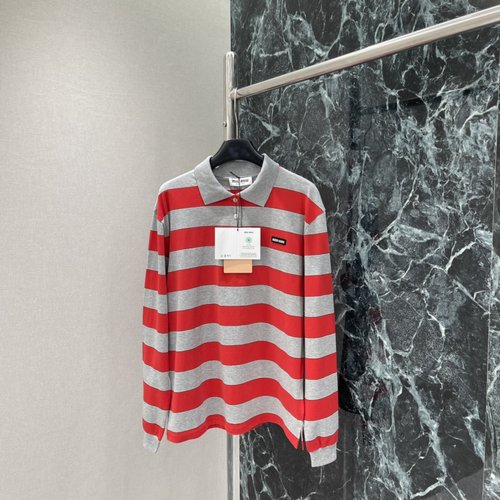 Miu Miu Red-Gray Striped Polo Shirt for Daily Wear