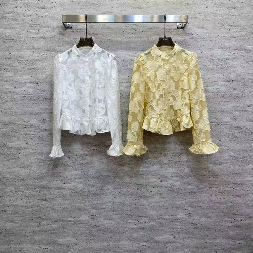 Dior Romantic Jacquard Blouse with Collar and Ruffled Hem