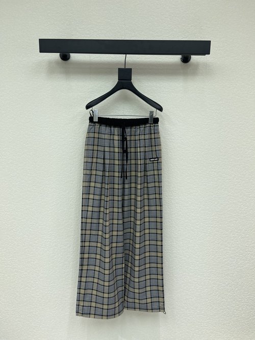 Miu Miu Custom Twill Cotton Checked Wide-Leg Pants with Dual Design
