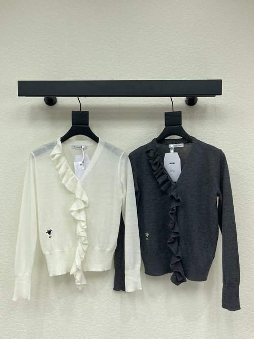 Dior Imported Yarn V-neck Top with Lace Trim and Bee Embroidery