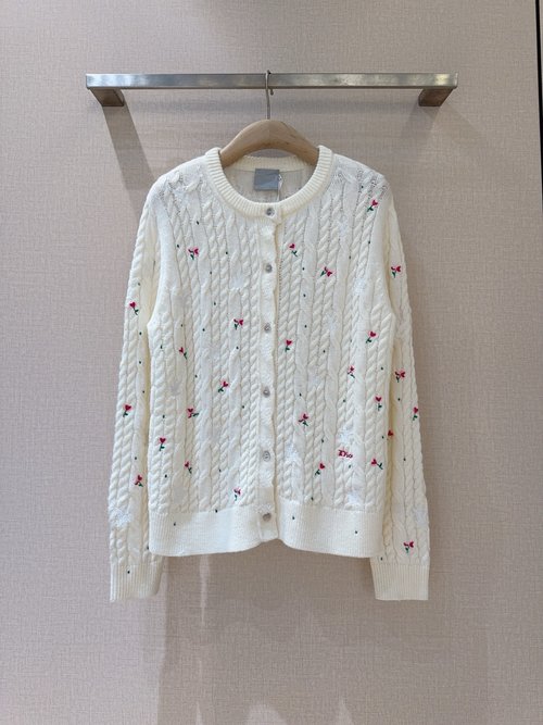Dior Embroidered Rose Pattern Knit Cardigan, Fresh Style