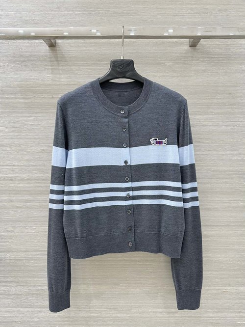 Thom Browne Exclusive Silk-Wool Cardigan with Puppy Embro and Webbing