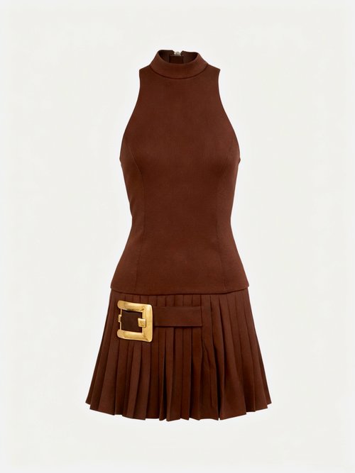 Balmain Sleeveless Collared Dress with Gold Buckle & Pleats