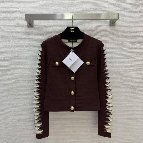 Balmain Brown and Black Lion Head Button Short Knit Cardigan