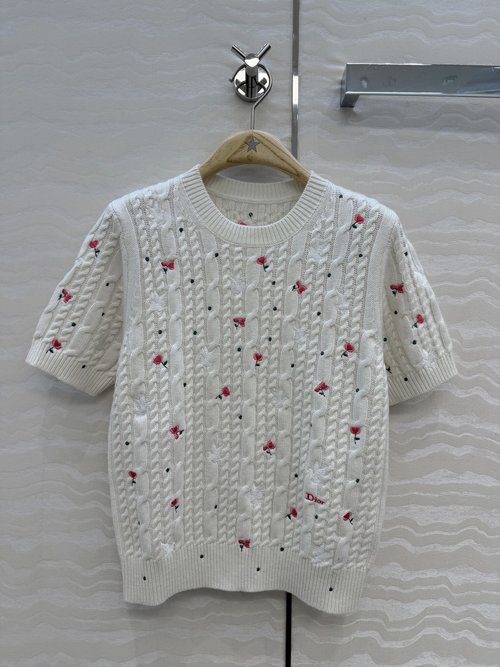 Dior Garden World Embroidered Short Sleeve Knit Sweater with Bird Details
