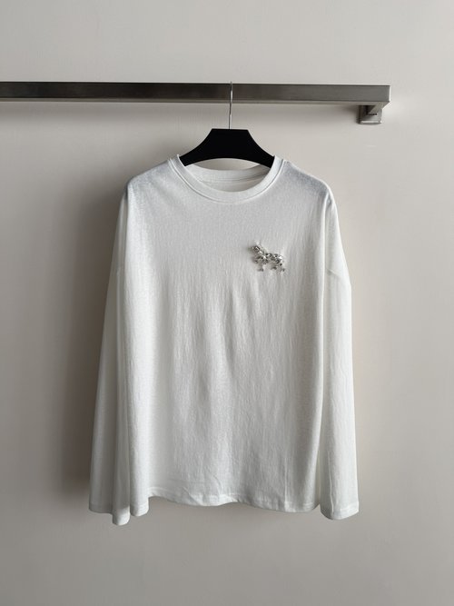 Loro Piana Horse Embroidery Round Neck Long Sleeve Cotton T-Shirt