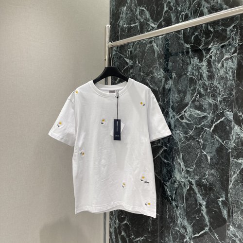 Dior Stylish Embroidered Flower White Short-Sleeve T-Shirt