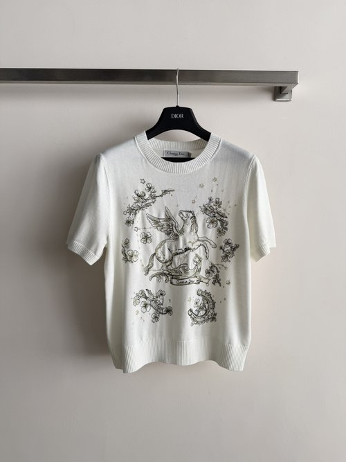 Dior Flying Horse Embroidered Cashmere Short Sleeve with Florals