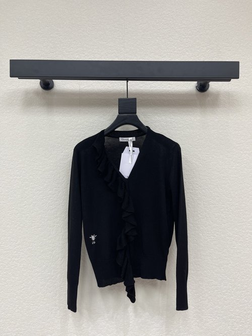 Dior Imported Yarn V-neck Top with Lace Trim and Bee Embroidery