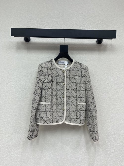 Dior Elegant Woven Round Neck Jacket with Pearl Buttons