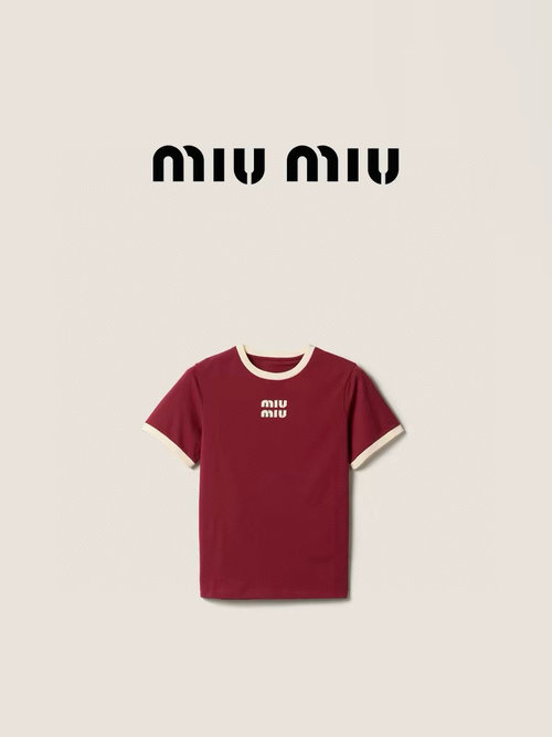 Miu Miu Custom Round Neck Short Sleeve T-shirt with Contrast Edges and Logo