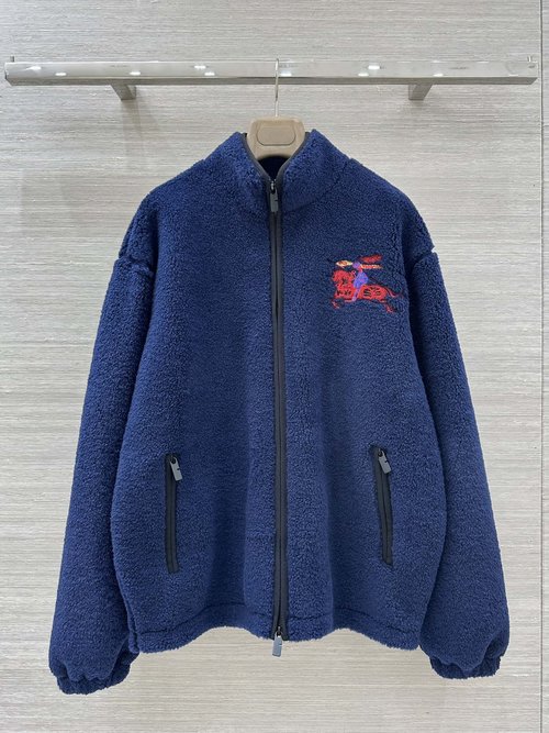 Burberry Teddy Bear Fleece Zip-up Jacket with Contrast Trim and Fur Lining