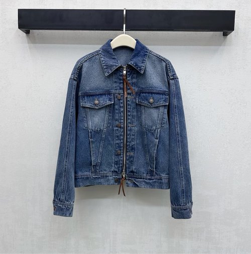Celine Flip-collared Leather-label Denim Jacket with Retro Texture
