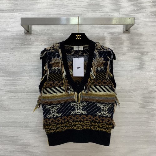 Celine Slimmed-down Knitted Sleeveless Vest with Tassel and Logo