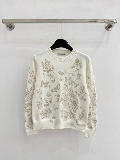 Dior White Butterfly Floral Embroidery Round Neck Knit with Letter Jacquard