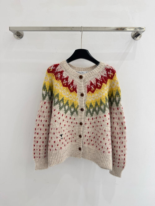 Dior Fair Isle Style Round Neck Loose-Fit Knit Cardigan