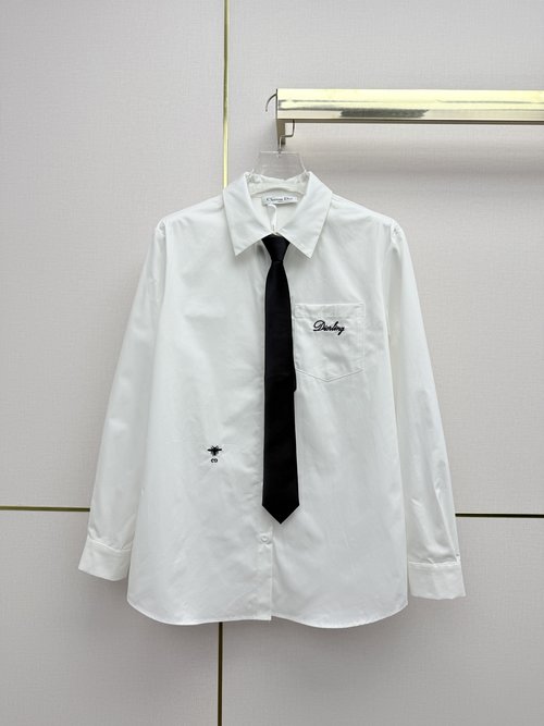 Dior Long - Sleeve Shirt with Letter Embroidery and Tie