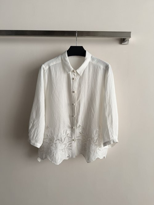 Loro Piana White Embroidered Linen Shirt with Floral Hem