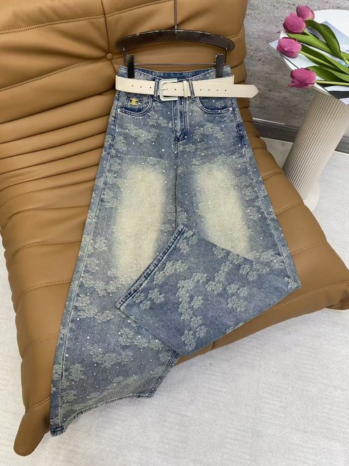 Celine Distressed Light Blue Denim Wide - Leg Jeans with Sparkles