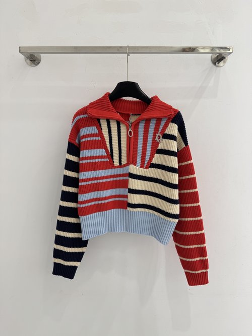 Dior Contrast Color Stripe Zip-Knit Top with Vintage Style
