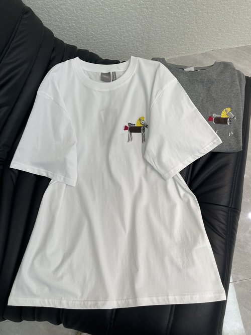 Dior Color-Block Pony Embroidery Soft Breathable Lightweight Double-Ply Cotton Casual Oversized Short-Sleeve Tee