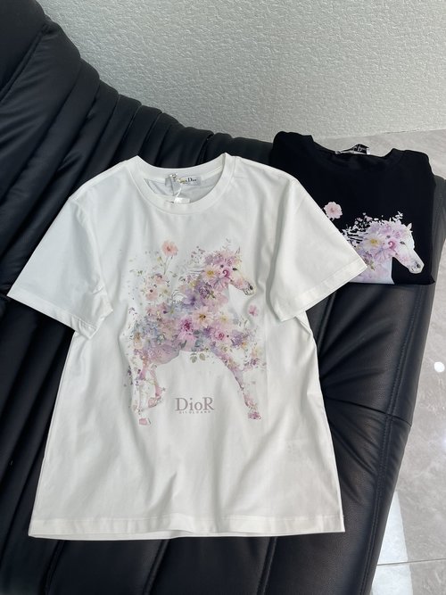 Dior Pink Horse Print Logo Letter Short Sleeve T-shirt