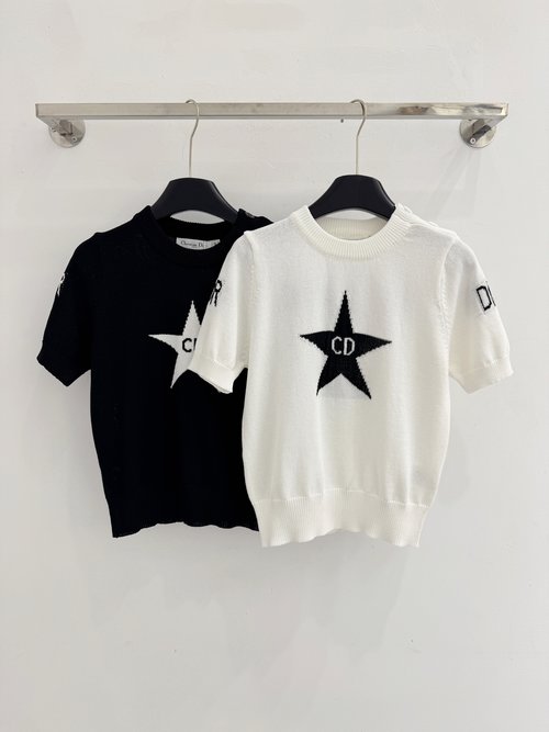 Dior Short Sleeve Knit Shirt with Star Logo in Black and White