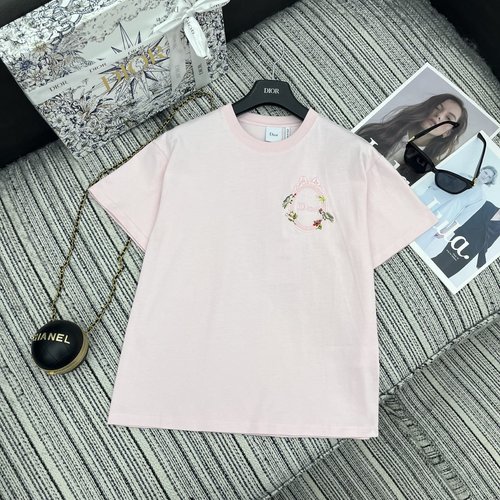 Dior Embroidered Letter Round Neck Short Sleeve T-Shirt