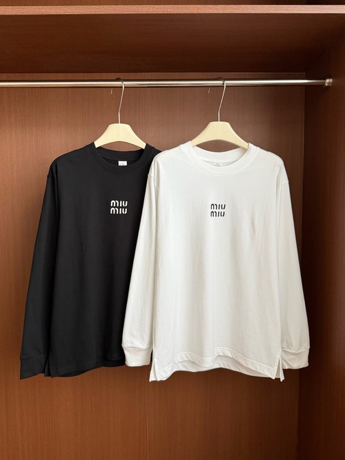 Miu Miu Classic Black & White Minimalist Long - sleeved Cotton T - Shirt