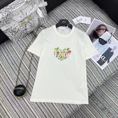 Dior Relaxed High-Gauge Cotton Short-Sleeve Crewneck T-Shirt with Letter Embroidery & Heart Floral Print