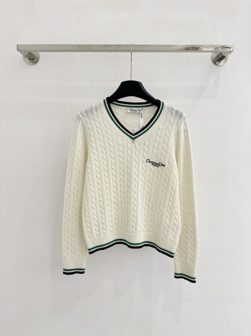 Dior White V-Neck Twisted Knit Sweater, Academic & Casual