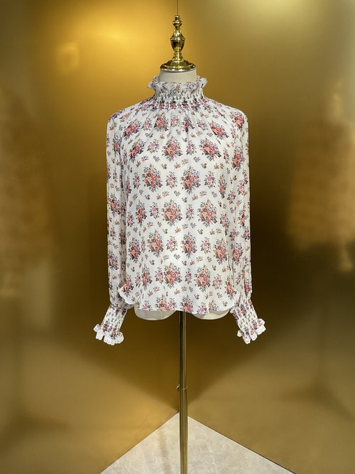 Dolce & Gabbana White Base Multicolor Floral Silk Long Sleeve Shirt with Special Rolled Edges