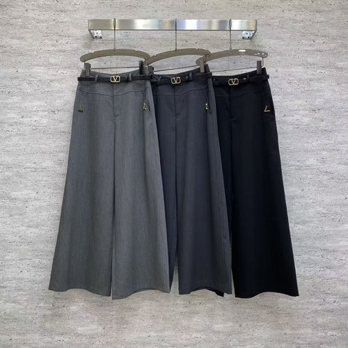 Valentino Elegant TR Suit Fabric Wide-Leg Pants with Metal Belt